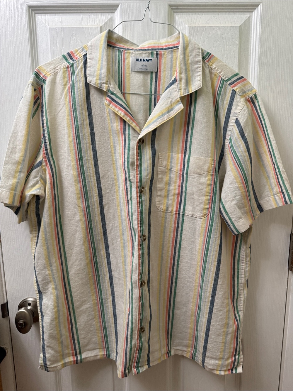 Old Navy Cream Short-Sleeve Button-Up with Multicolor Vertical Stripes